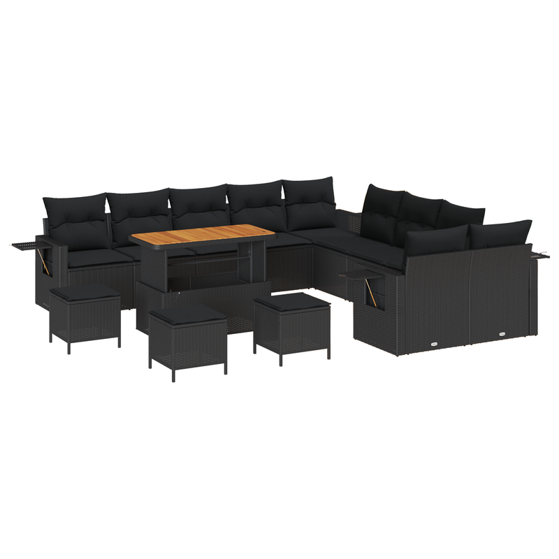 14 Piece Garden Sofa Set with Cushions Black Poly Rattan Acacia
