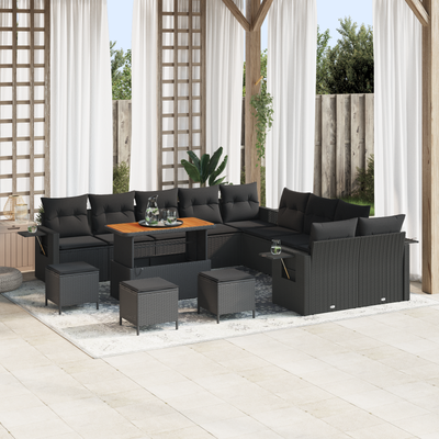 14 Piece Garden Sofa Set with Cushions Black Poly Rattan Acacia