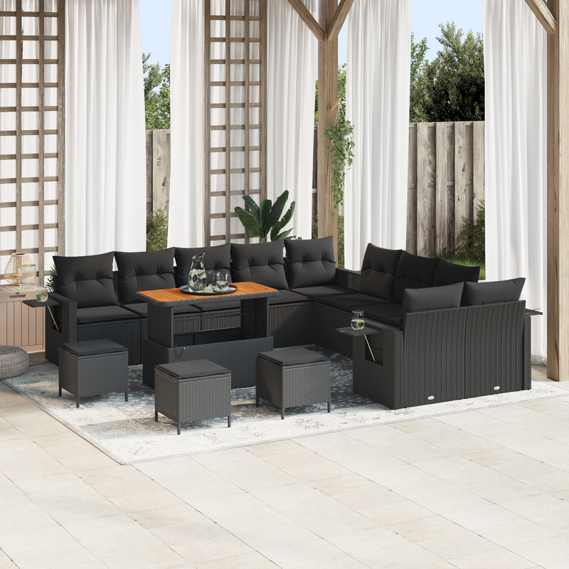 14 Piece Garden Sofa Set with Cushions Black Poly Rattan Acacia