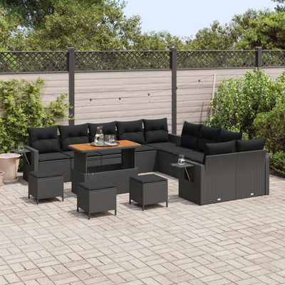 14 Piece Garden Sofa Set with Cushions Black Poly Rattan Acacia