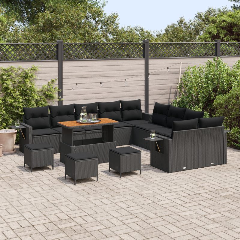 14 Piece Garden Sofa Set with Cushions Black Poly Rattan Acacia