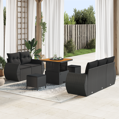 8 Piece Garden Sofa Set with Cushions Black Poly Rattan Acacia