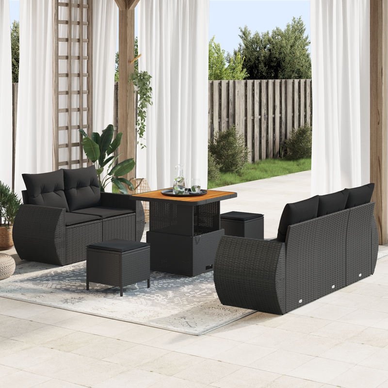 8 Piece Garden Sofa Set with Cushions Black Poly Rattan Acacia