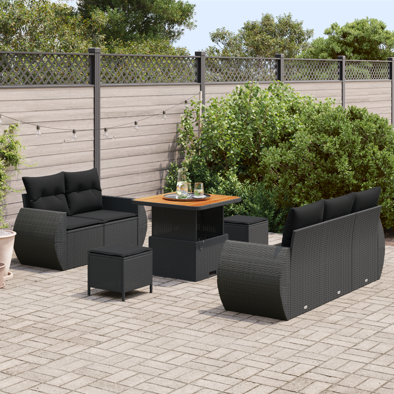 8 Piece Garden Sofa Set with Cushions Black Poly Rattan Acacia