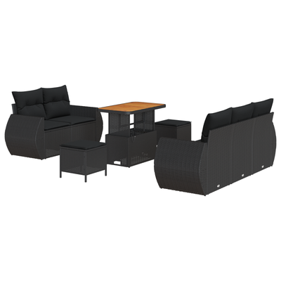 8 Piece Garden Sofa Set with Cushions Black Poly Rattan Acacia