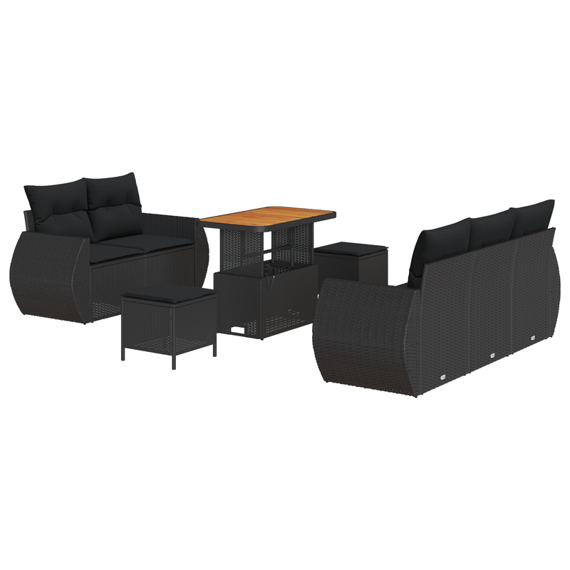 8 Piece Garden Sofa Set with Cushions Black Poly Rattan Acacia