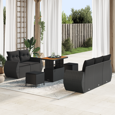 8 Piece Garden Sofa Set with Cushions Black Poly Rattan Acacia