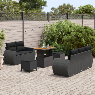 8 Piece Garden Sofa Set with Cushions Black Poly Rattan Acacia