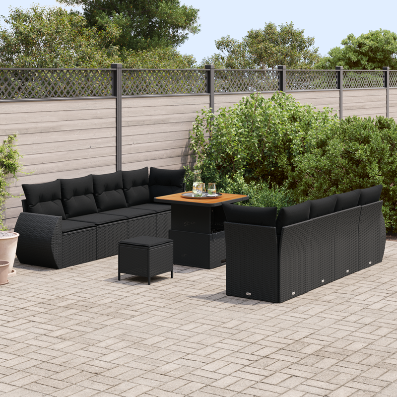 11 Piece Garden Sofa Set with Cushions Black Poly Rattan Acacia