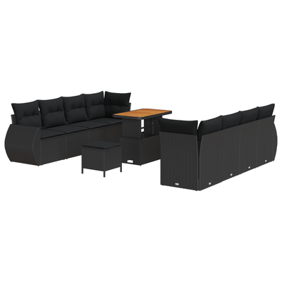11 Piece Garden Sofa Set with Cushions Black Poly Rattan Acacia