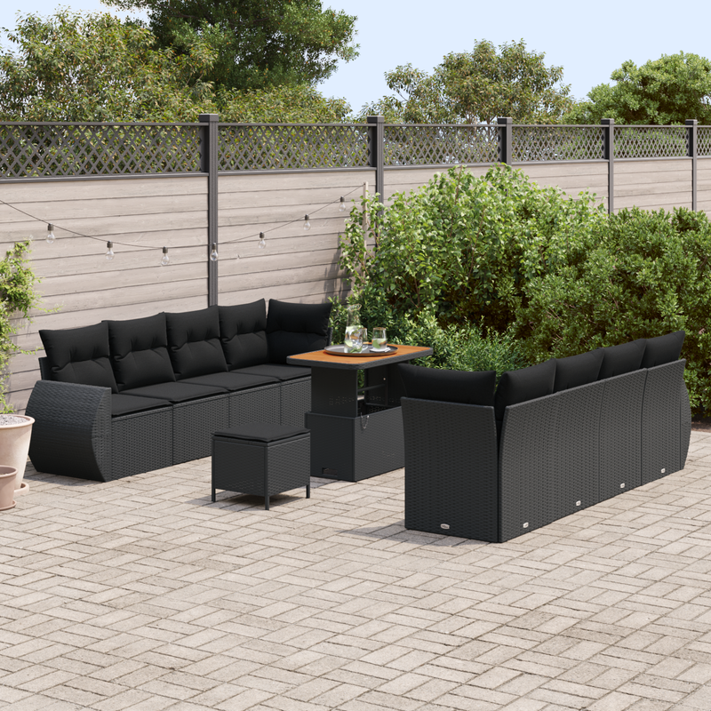 11 Piece Garden Sofa Set with Cushions Black Poly Rattan Acacia