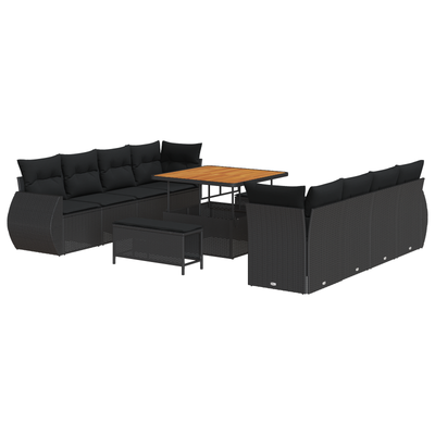11 Piece Garden Sofa Set with Cushions Black Poly Rattan Acacia
