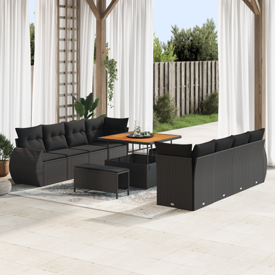 11 Piece Garden Sofa Set with Cushions Black Poly Rattan Acacia