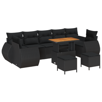 10 Piece Garden Sofa Set with Cushions Black Poly Rattan Acacia