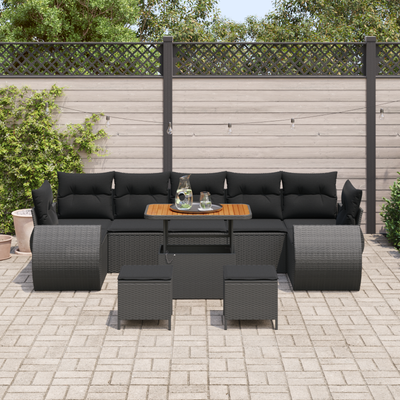 10 Piece Garden Sofa Set with Cushions Black Poly Rattan Acacia