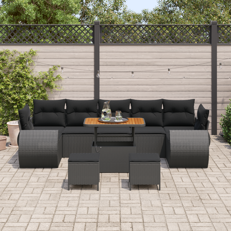 10 Piece Garden Sofa Set with Cushions Black Poly Rattan Acacia