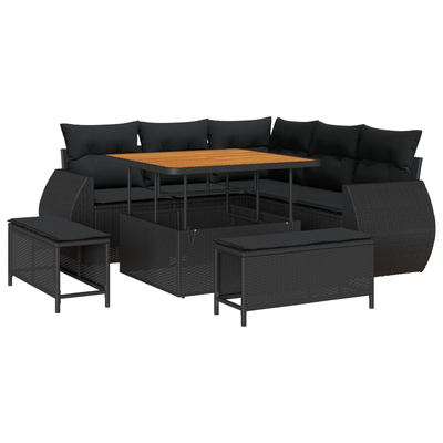 8 Piece Garden Sofa Set with Cushions Black Poly Rattan Acacia