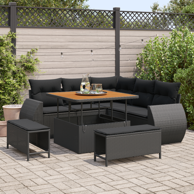 8 Piece Garden Sofa Set with Cushions Black Poly Rattan Acacia