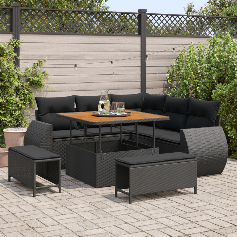 8 Piece Garden Sofa Set with Cushions Black Poly Rattan Acacia