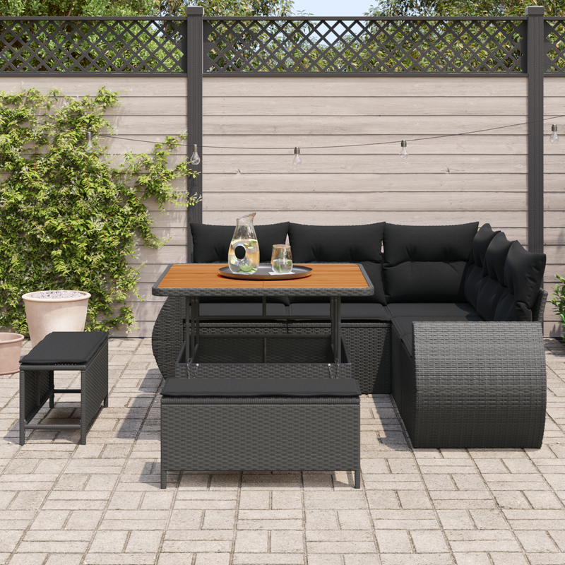 8 Piece Garden Sofa Set with Cushions Black Poly Rattan Acacia