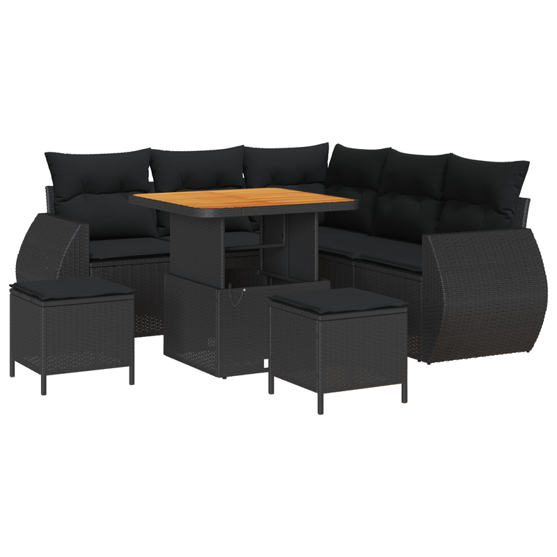 8 Piece Garden Sofa Set with Cushions Black Poly Rattan Acacia
