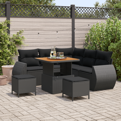 8 Piece Garden Sofa Set with Cushions Black Poly Rattan Acacia
