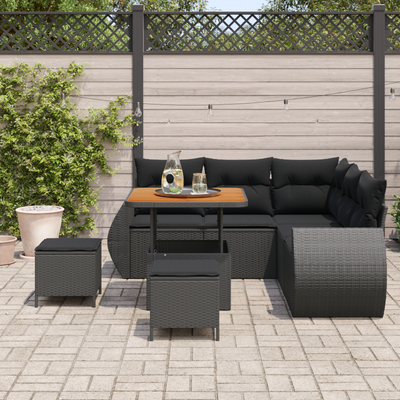8 Piece Garden Sofa Set with Cushions Black Poly Rattan Acacia