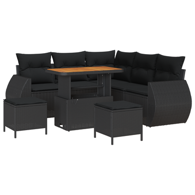 8 Piece Garden Sofa Set with Cushions Black Poly Rattan Acacia