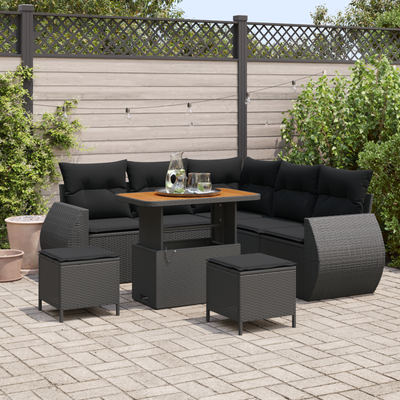 8 Piece Garden Sofa Set with Cushions Black Poly Rattan Acacia