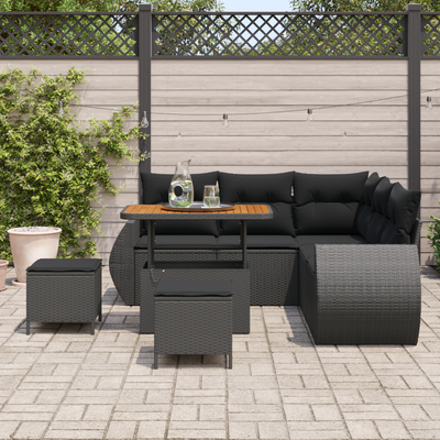 8 Piece Garden Sofa Set with Cushions Black Poly Rattan Acacia