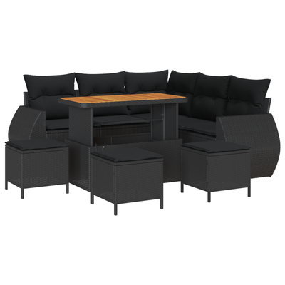 9 Piece Garden Sofa Set with Cushions Black Poly Rattan Acacia