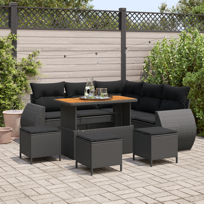 9 Piece Garden Sofa Set with Cushions Black Poly Rattan Acacia