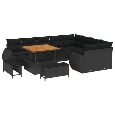 12 Piece Garden Sofa Set with Cushions Black Poly Rattan Acacia