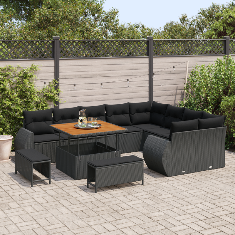 12 Piece Garden Sofa Set with Cushions Black Poly Rattan Acacia