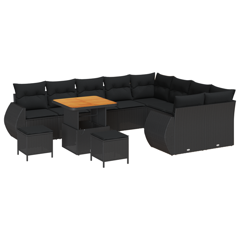 12 Piece Garden Sofa Set with Cushions Black Poly Rattan Acacia