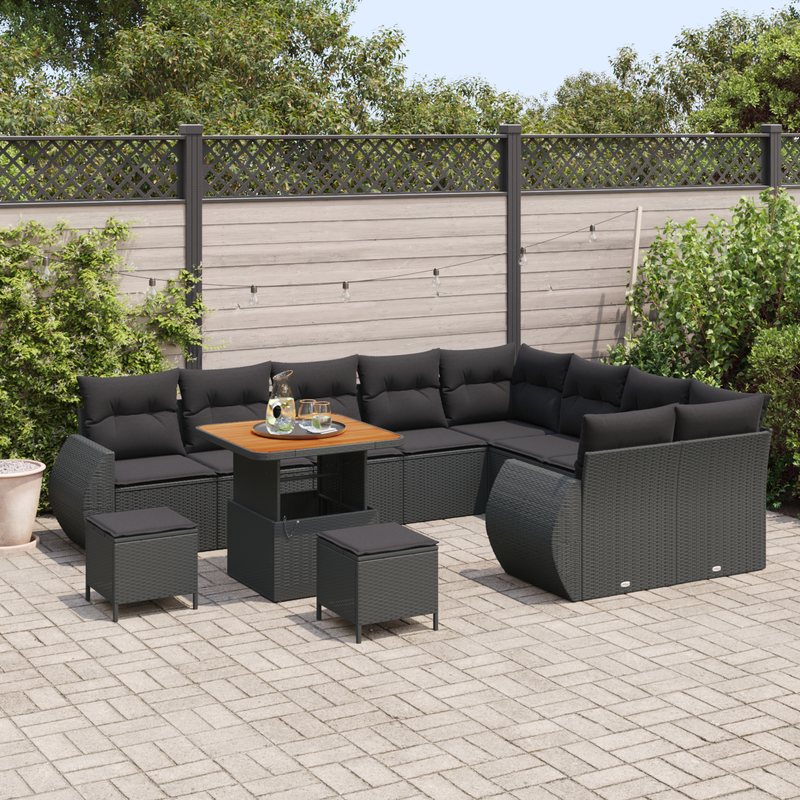12 Piece Garden Sofa Set with Cushions Black Poly Rattan Acacia