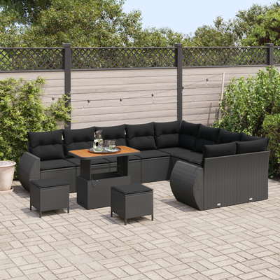 12 Piece Garden Sofa Set with Cushions Black Poly Rattan Acacia