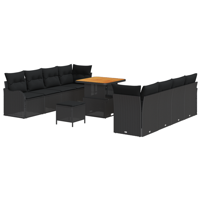 11 Piece Garden Sofa Set with Cushions Black Poly Rattan Acacia