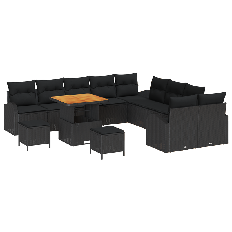 13 Piece Garden Sofa Set with Cushions Black Poly Rattan Acacia