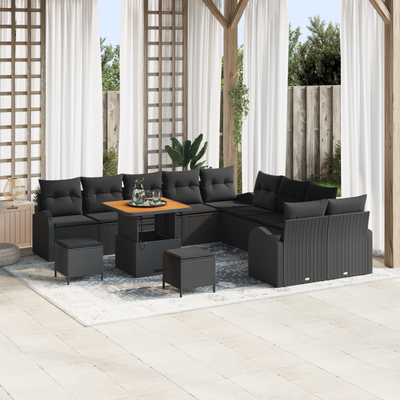 13 Piece Garden Sofa Set with Cushions Black Poly Rattan Acacia