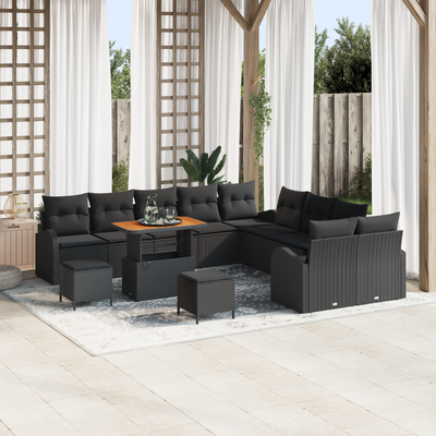 13 Piece Garden Sofa Set with Cushions Black Poly Rattan Acacia