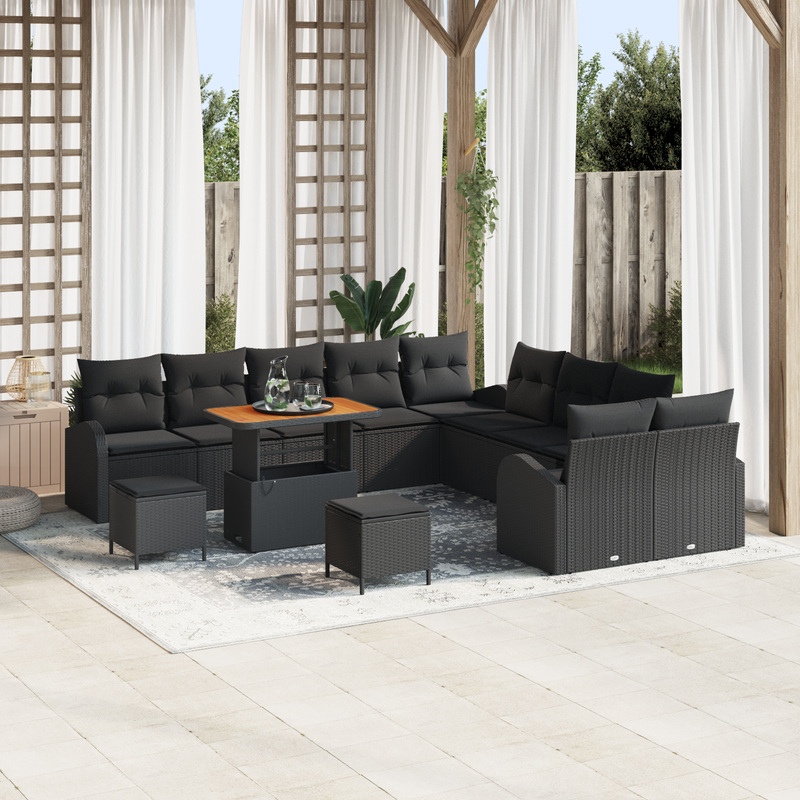 13 Piece Garden Sofa Set with Cushions Black Poly Rattan Acacia