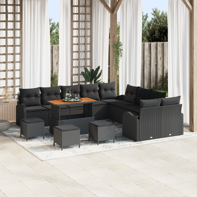 14 Piece Garden Sofa Set with Cushions Black Poly Rattan Acacia