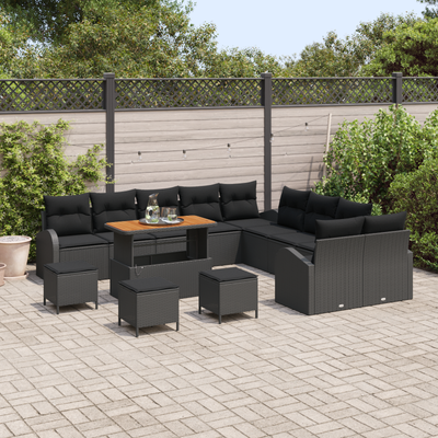 14 Piece Garden Sofa Set with Cushions Black Poly Rattan Acacia