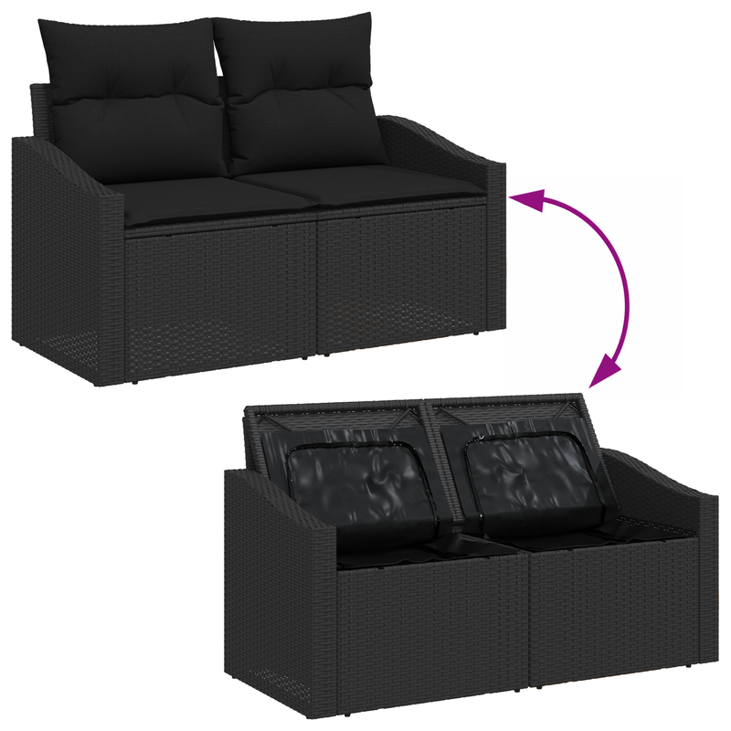 9 Piece Garden Sofa Set with Cushions Black Poly Rattan Acacia