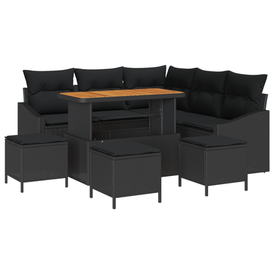 9 Piece Garden Sofa Set with Cushions Black Poly Rattan Acacia