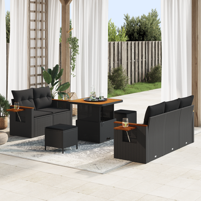 8 Piece Garden Sofa Set with Cushions Black Poly Rattan Acacia
