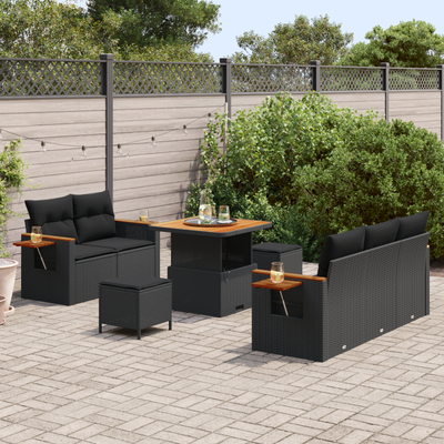 8 Piece Garden Sofa Set with Cushions Black Poly Rattan Acacia
