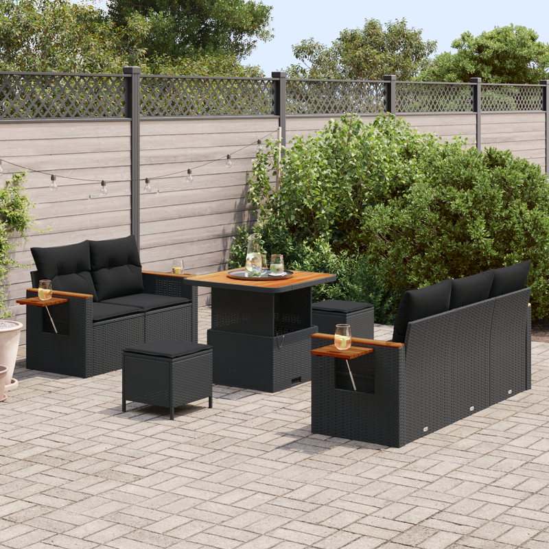 8 Piece Garden Sofa Set with Cushions Black Poly Rattan Acacia