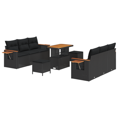 9 Piece Garden Sofa Set with Cushions Black Poly Rattan Acacia